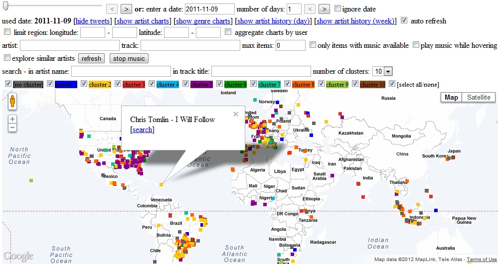 Tweet Map of a single day, one tweet marked